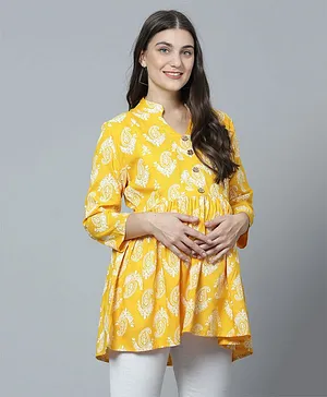 Zelena Three Fourth Sleeves All Over Paisley Motif Printed Frill Detailed Maternity Top With Concealed Zipper Nursing Access - Yellow