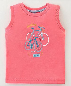 Zero Sinker Cotton Knit Sleeveless T-Shirt with Bicycle Print - Coral