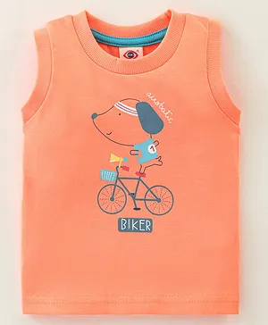 Zero Sinker Cotton Knit Sleeveless T-Shirt with Bicycle Print - Peach