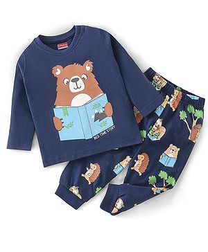Babyhug 100% Cotton Knit Full Sleeves Night Suit Teddy Print - Navy Blue