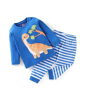 Babyhug Cotton Knit Full Sleeves Night Suit Stripes & Dino Print - Blue