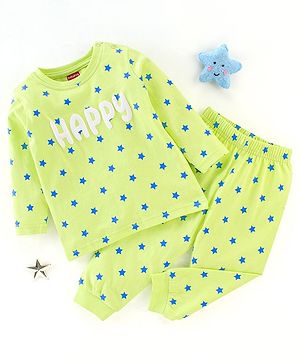 Babyhug Cotton Knit Full Sleeves Night Suit Star Print - Green