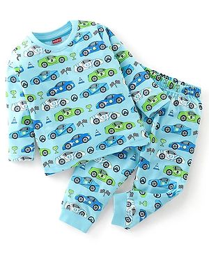 Babyhug Cotton Jersey Full Sleeves Night Suit Car Print - Blue