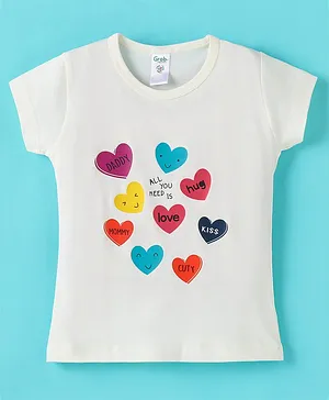 Grab It Sinker Cotton Half Sleeves T-Shirt Heart Print - White