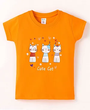 Grab It Sinker Cotton Half Sleeves T-Shirt Kitten Print - Orange