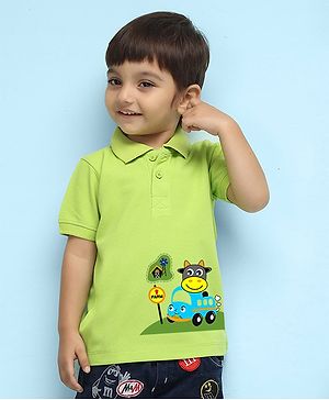 NUSYL  Half Sleeves Printed Car & Cow Printed Polo Tee - Lime Green