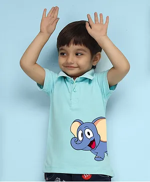 NUSYL Half Sleeves Printed Elephant Printed Polo Tee - Light Blue