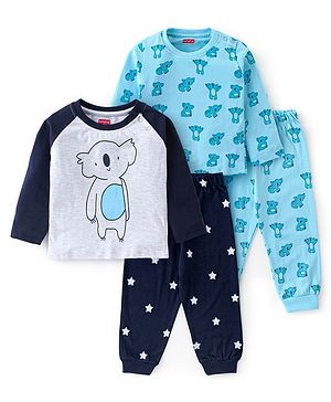 Babyhug Interlock Cotton Knit Full Sleeves Night Suit Koala Print Pack of 2 - Blue & Grey