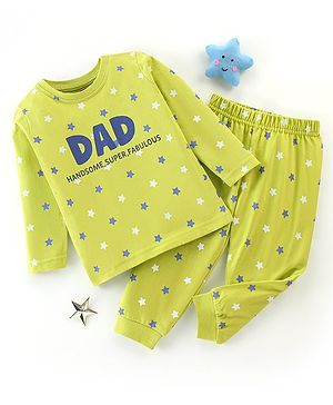 Babyhug Cotton Knit Full Sleeves Night Suit With Text & Stars Print - Green