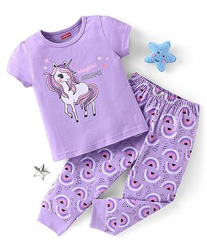 Babyhug Cotton Knit Half Sleeves Night Suit with Unicorn Print - Lavender