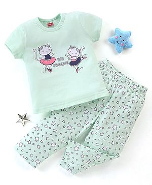 Babyhug Cotton Knit Half Sleeves Night Suit Sweet Kitty Print - Blue
