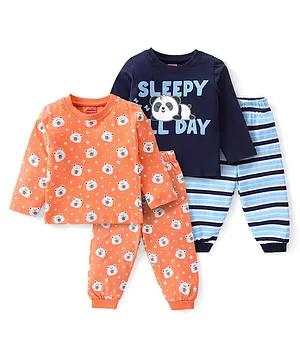 Babyhug Cotton Knit Full Sleeves Panda Printed Night Suits Pack of 2 - Blue & Orange