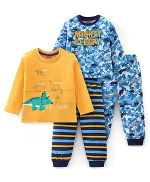 Babyhug Cotton Knit Full Sleeves Camouflage & Dino Printed Night Suits Pack of 2 - Blue & Yellow