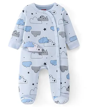 Babyhug Full Sleeves Sleep Suit With Cloud Print - White