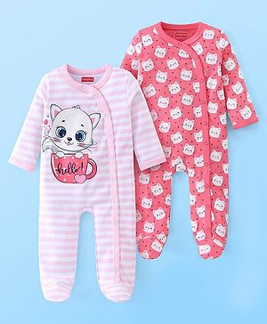 Babyhug Cotton Knit Full Sleeves Footed Sleepsuit Kitty Print Pack of 2 - Red & Pink