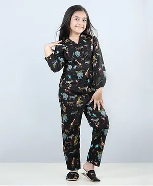 Piccolo Forest Theme Full Sleeves Seamless Wild Animals & Leaves Printed Night Suit With Coordinating Plush Slip Ons - Black