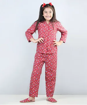 Piccolo Full Sleeves Christmas & Winter Theme Printed Night Suit With Plush Slip Ons - Red