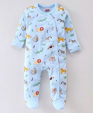 Babyhug Cotton Knit Full Sleeves Sleep Suit With Animal Print - Blue