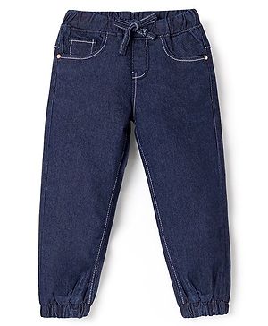 Babyhug Cotton Spandex Full Length Solid Color Stretchable Washed Denim Joggers - Dark Blue