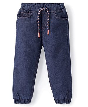 Babyhug Denim Washed Full Length  Jogger With Stretch - Dark Blue