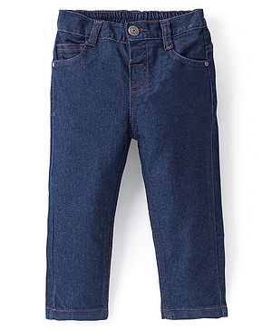 Babyhug Denim Washed Full Length  With Stretch Jeans Solid Colour  With Mock Fly  - Dark Blue
