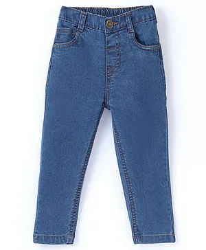 Babyhug Denim Washed Full Length  With Stretch Jeans Solid Colour - Medium Blue