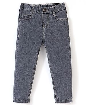 Babyhug Cotton Spandex Full Length Jeans With Stretch Solid Color   Fly With Zipper -  Charcoal Grey