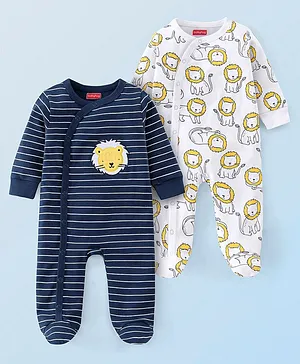 Babyhug Cotton Knit Full Sleeves Striped Footed Sleepsuit with Lion Print Pack of 2 - Blue Yellow & White