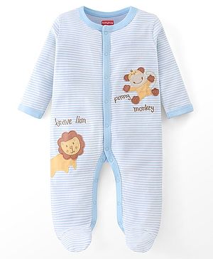 Babyhug Cotton Knit Full Sleeves Striped Footed Sleepsuit with Lion Print - Blue