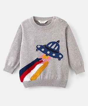 Bonfino 100% Cotton Knit Full Sleeves Pullover Sweater Spaceship Design - Grey