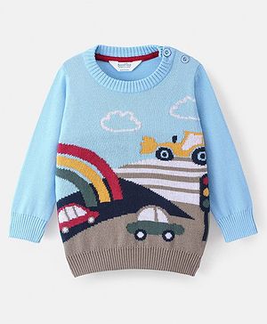 Bonfino 100% Cotton Knit Full Sleeves Cars Designed Sweater - Aqua Blue