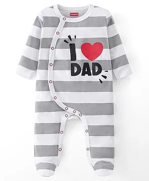 Babyhug Cotton Knit Full Sleeves Footed Sleep Suit Stripes & Text Print - Grey & White