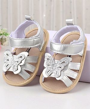 Cute Walk by Babyhug Velcro Closure Booties with Butterfly Detailing - Silver