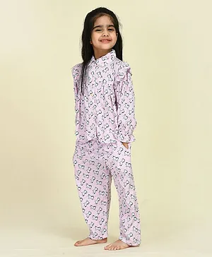 ADRA KIDS Full Sleeves All Over Polka Dot & Pony Printed Frill Detailed Coordinating Night Suit - Light Pink
