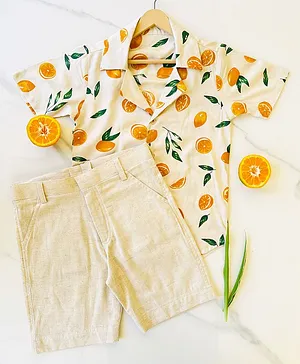 ADRA KIDS Half Sleeves All Over Oranges Printed Shirt With Solid Linen Shorts - Cream