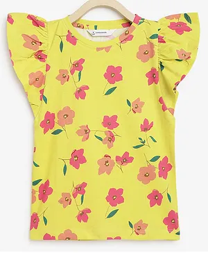 Campana 100% Cotton Cap Flutter Sleeves Floral Printed Tee - Yellow