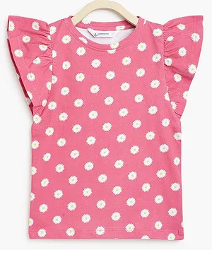Campana 100% Cotton Cap Flutter Sleeves Polka Dots Printed Top - Pink