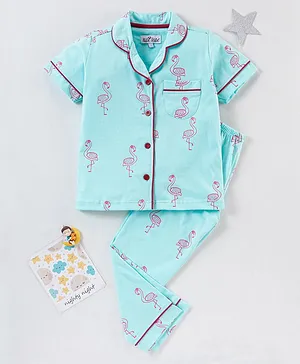 Nite Flite Half Sleeves Flamingo Printed Night Suit - Mint Blue