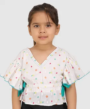 Jelly Jones Flared Half Sleeves All over Flowers Printed Peplum Top With Contrast Bow - White