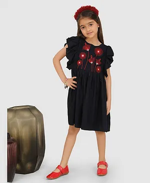 Jelly Jones Cap Sleeves Frill Bodice Detailed & Dandelions Yoke Embroidered Fit & Flare Dress - Navy Blue