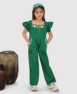 Jelly Jones Flutter Half Sleeves Embroidery On Neck & Pocket Of The Bottom Jumpsuit - Green