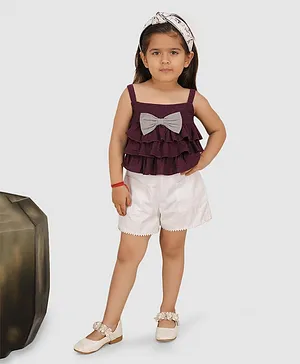 Jelly Jones Sleeveless Solid Layered Bow Embellished Top With Solid Shorts - Purple Wine & White