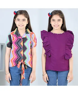 Cutiekins Pack Of 2 Half Sleeves Chevron Designed & Solid Frill Bodice Detailed Tops - Black & Purple