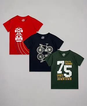 The Sandbox Clothing Co Pack Of 3 Half Sleeves Racer Sports Theme Printed Tees  - Red  Black & Green
