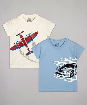 The Sandbox Clothing Co Pack Of 2 Half Sleeves Racer Sports Theme & Aeroplane Printed Tees - Off White And Blue