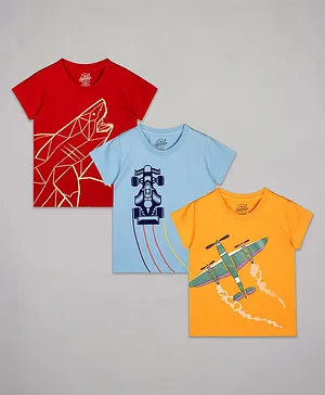 The Sandbox Clothing Co Pack Of 3 Half Sleeves Racer Sports Theme & Shark Printed Tees - Red Blue And Yellow