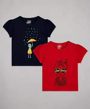 The Sandbox Clothing Co Pack Of 2 Puffed Sleeves Girls Printed Tees - Red Navy Blue