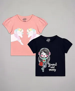 The Sandbox Clothing Co Pack Of 2 Puffed Sleeves Unicorn & Sweet & Sassy Printed Tees - Pink Navy Blue