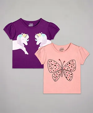 The Sandbox Clothing Co Pack Of 2 Puffed Sleeves Unicorns & Hearts Printed Tees - Purple Pink