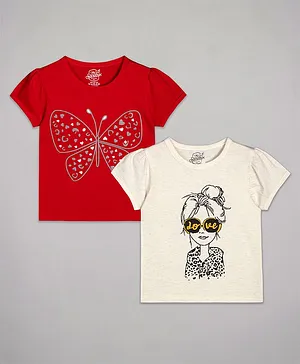 The Sandbox Clothing Co Pack Of 2 Puffed Sleeves Butterfly & Girl Printed Tees - Red Off White